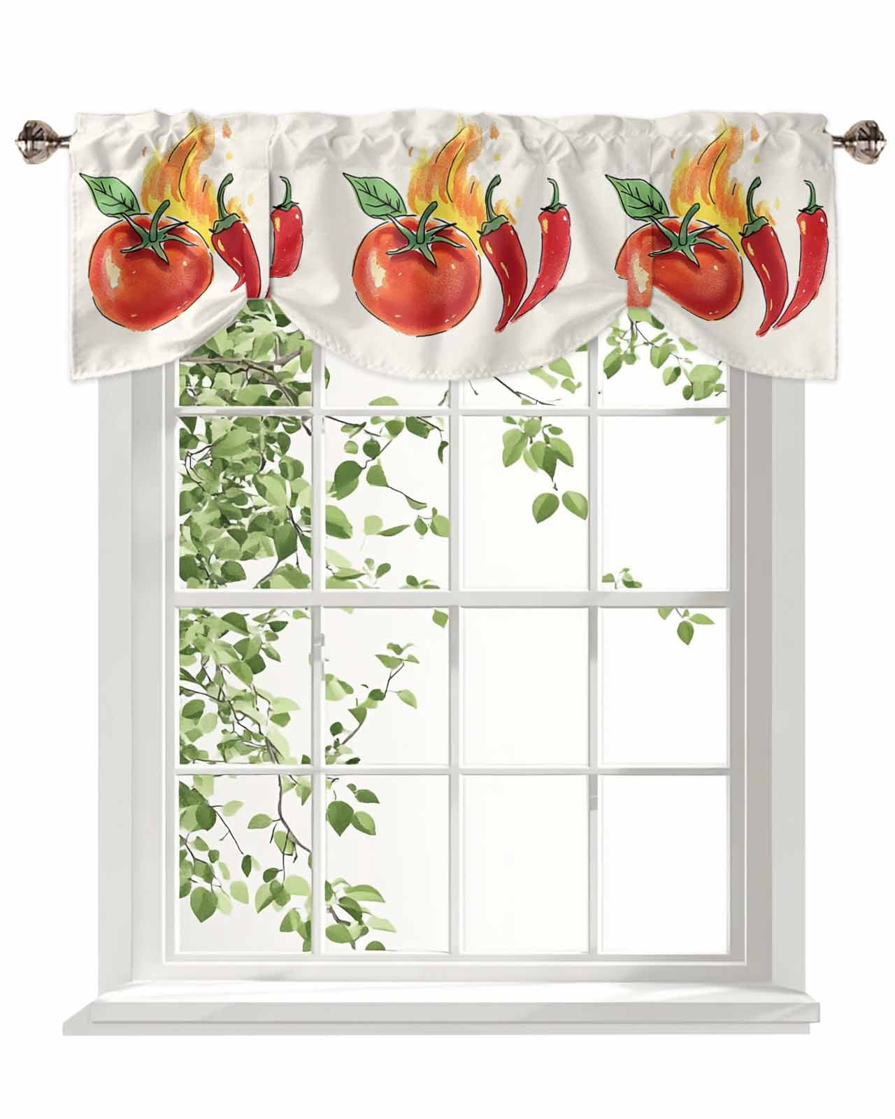 Tomato Chili Fire Tie Up Valances Curtain, Vegetable Kitchen Valances for Windows Decor, Rod Pocket Short Curtains Set for Bedroom/Bathroom, 54"x18"