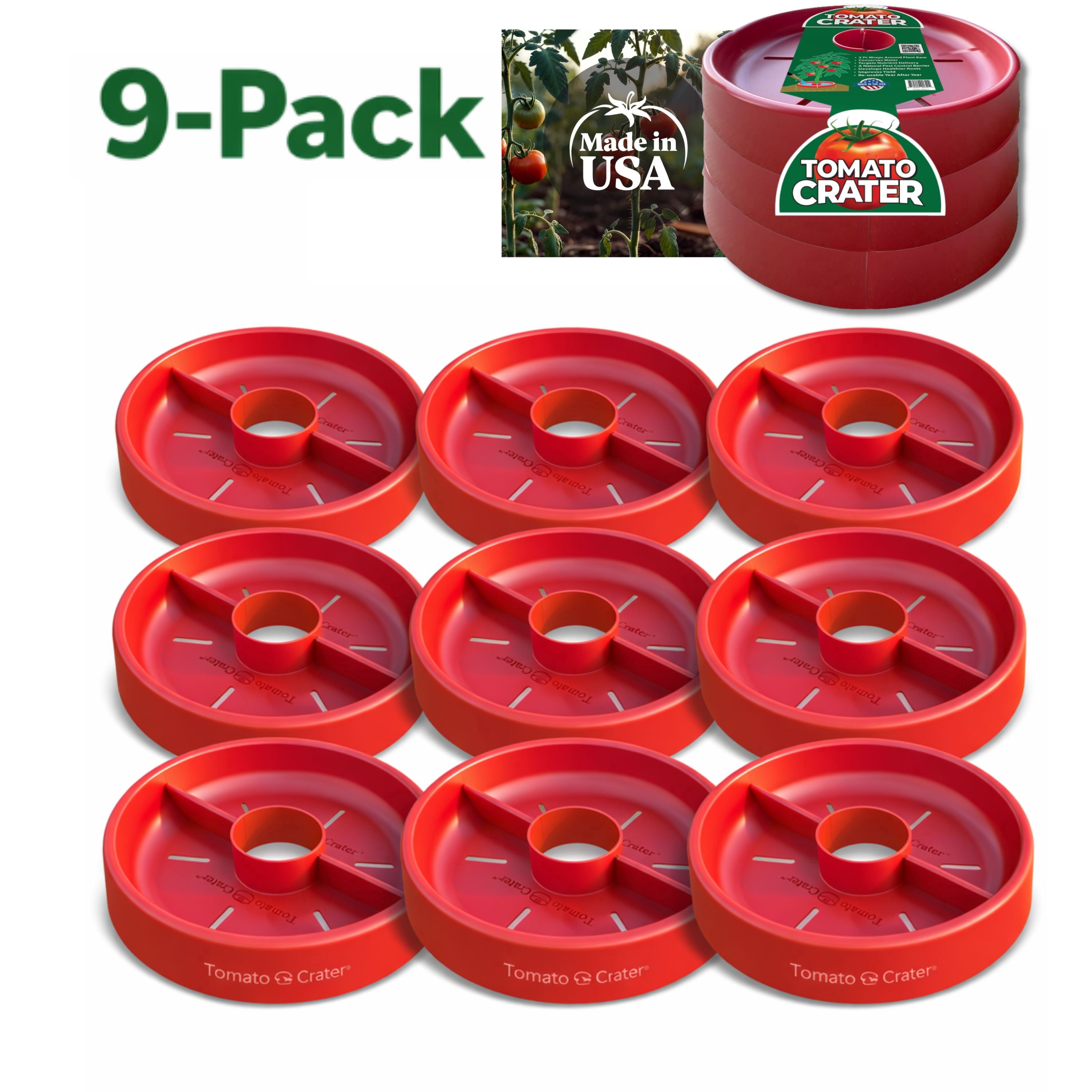 Tomato Crater® Root-Zone Watering Ring – Made in USA Snap-Together Base System That Delivers Water to Roots, Naturally Reduces Weeds & Helps Vegetables Grow Stronger, 9PK