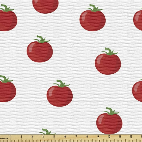 Tomato Fabric by the Yard, Repetitive Cartoon Style on a Plain Background Healthy Foods, Upholstery Fabric for Dining Chairs Home Decor Accents, 3 Yards, Vermilion Fern Green by Ambesonne