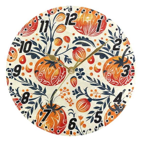 Tomato Folk Art Round Wall Clock Battery Operated Silent Non-Ticking Bedroom Office Kitchen Home School Decor 10"(Gold)
