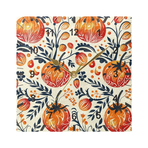 Tomato Folk Art Wall Clock Battery Operated Silent Non-Ticking Bedroom Office Kitchen Home School Decor 7.8"(Gold)