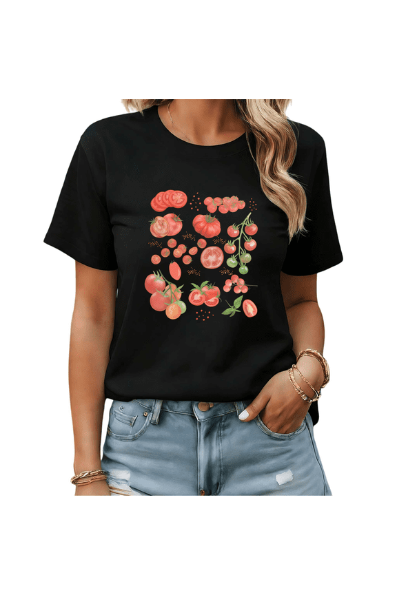 Tomato Medley Graphic Tees Womans T-shirt Black/White S-5XL Shirts Garden Vegetable Tops