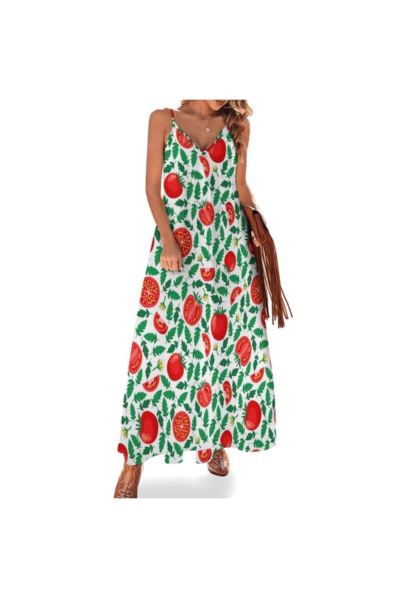 Tomato Pattern Sleeveless Suspender Dress Summer Fashion Casual Long Dress