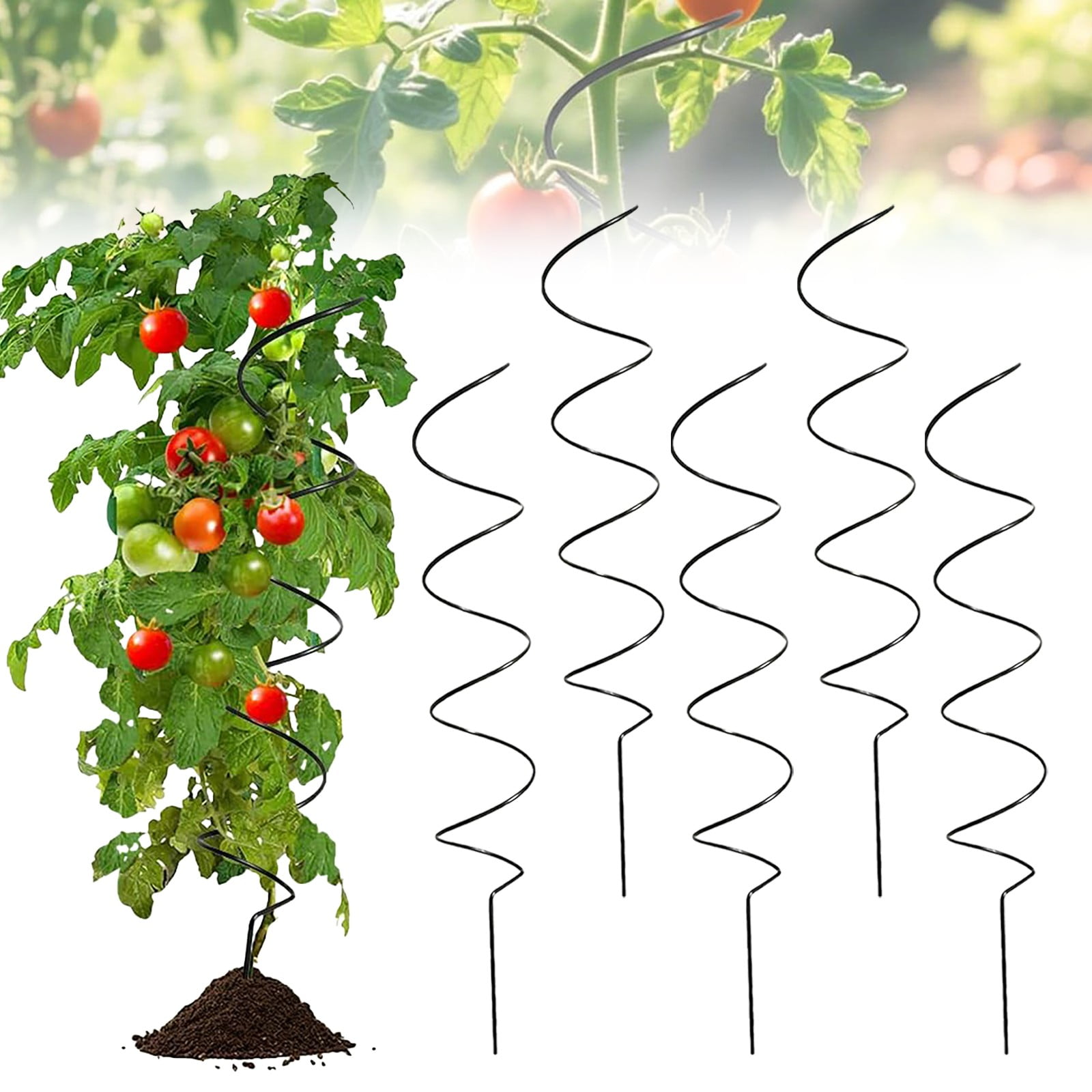 Tomato Plant Support Stakes (Pack of 5) - Heavy Duty Metal Vine Climbing Frame for Garden Vegetables - Green Vinyl Coated Steel Pole for Tomatoes, Roses, Cucumbers, or Climbing Plants
