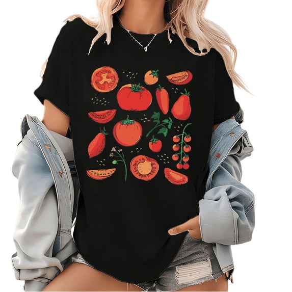 Tomato Print T Shirt Fruit Botanical Graphic Tees Vegan Garden Vegetable Fruit Pattern Tops for Daily Outfits Black,S
