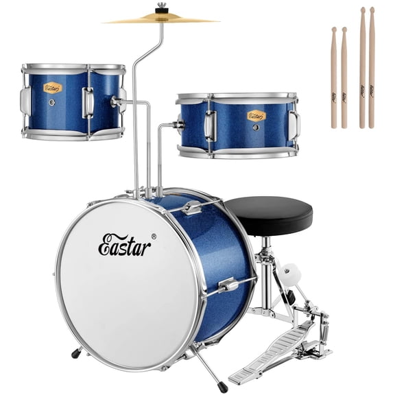 Eastar 14 inch Kids Drum Set Real 3 Pieces with Throne, Cymbal, Pedal & Drumsticks, Metallic Sea Blue (EDS-180SeaB)