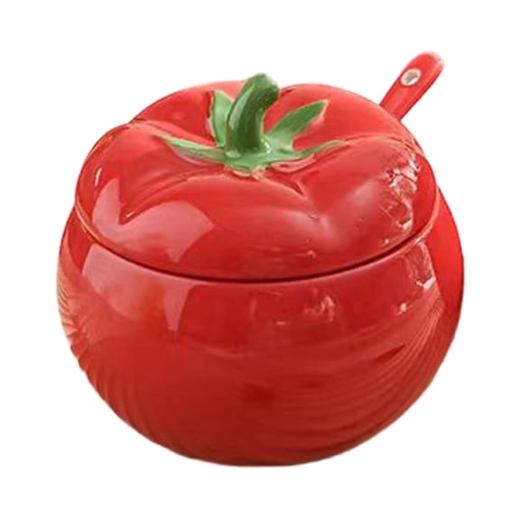 Tomato-Shaped Ceramic Jar With Spoon, Airtight Seasoning Storage Container, Decorative Kitchen Organizer, Red