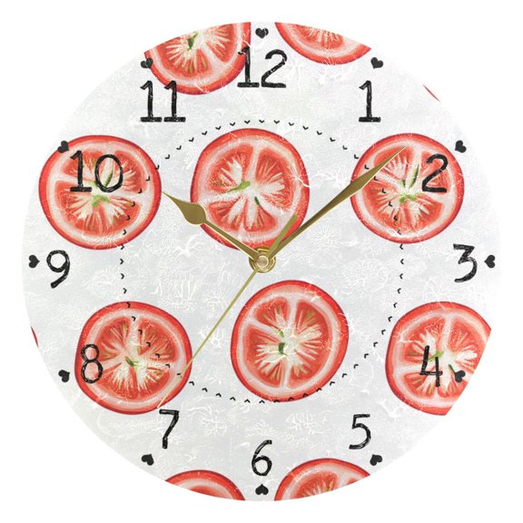Tomato Slices Round Wall Clock Silent Analog Battery Operated Gold Pointer Home Decor 9.84" Diameter
