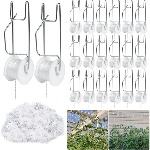 Tomato Support Hooks with String 20 Pcs,100 Pcs Plant Support Clips for Climbing Plants,Tomato Trellis Roller Hooks with 49.2FT String