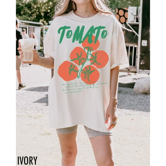Tomato T-shirt, Cute Whimsical Tomato Garden Print T-shirt, Vegetable Garden Gift, Tomato Girl Aesthetic Cottagecore Vegetable Fruit Vegan Gifts.