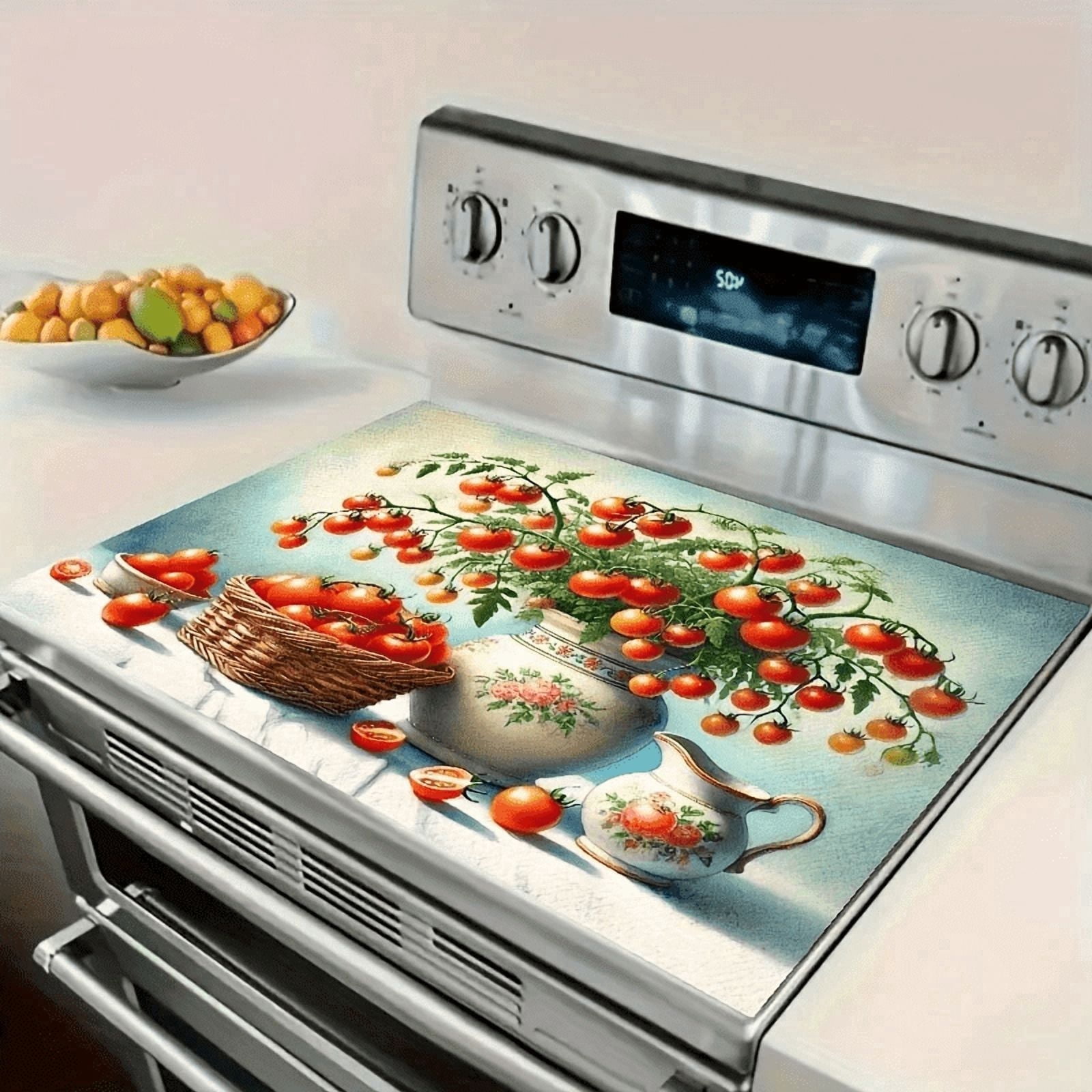 Tomato Teapot Still Life Stove Cover Mat – Heat Resistant Kitchen Mat for Glass Cooktops (28.3×20.5in)