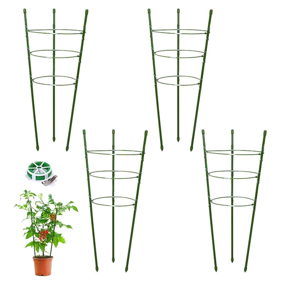 Tomato Trellis 4 Sets, Tomato Rack Round Green 7"(W) x 17.7"(H), Adjustable Trellis Support for Climbing Plants, Round, Suitable for Tomatoes, Cucumbers, Indoor Plants, Garden Plants with Tie 20 m×1