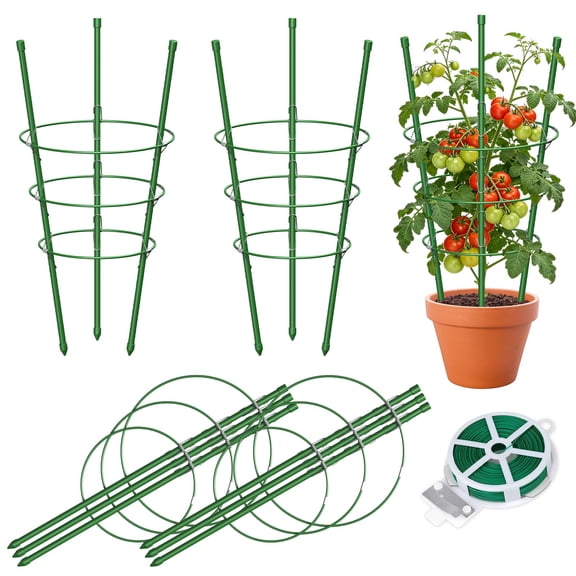 4 Pack Tomato Trellis, Tomato Rack, Round Green, 17.7in, Adjustable Trellis Support for Climbing Plants, Round, Suitable for Tomatoes, Cucumbers, Indoor Plants, Garden Plants with Tie 20 m/1