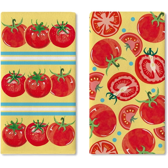 Tomato Yellow Kitchen Dish Towels Set of 2, Vegetable Fruit Polka Dots Stripes Drying Hand Towel Baking Cooking Cloth, Farmhouse Home Decoration 18'' x 26''