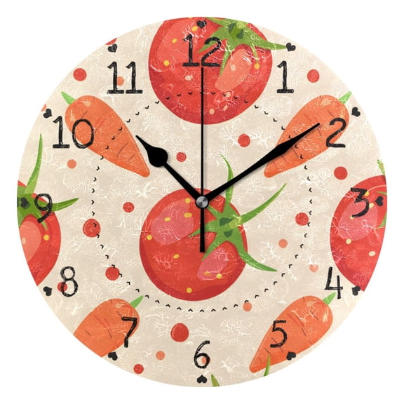 Tomatoes Carrots Dots Round Wall Clock Silent Analog Battery Operated Black Pointer Home Decor 9.84" Diameter