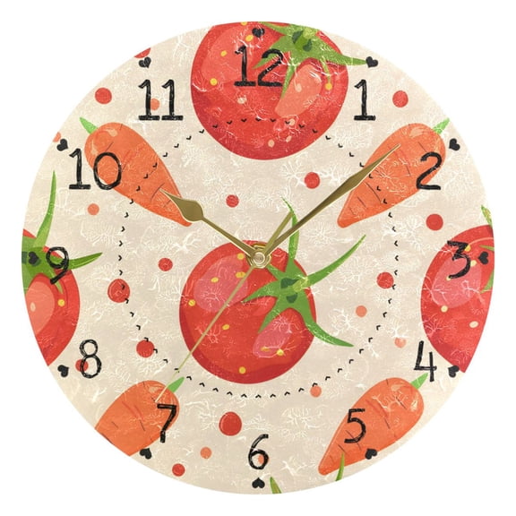 Tomatoes Carrots Dots Round Wall Clock Silent Analog Battery Operated Gold Pointer Home Decor 9.84" Diameter