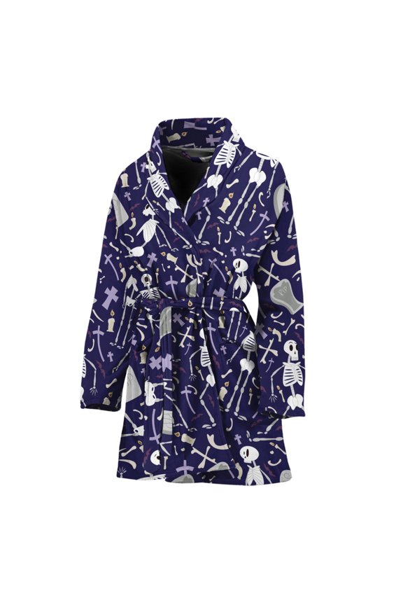 Tomb And Skeleton Pattern Women Bathrobe One Size Univeral Fits, Skeleton Fashion Lightweight Plush Fleece Long Robe For Women