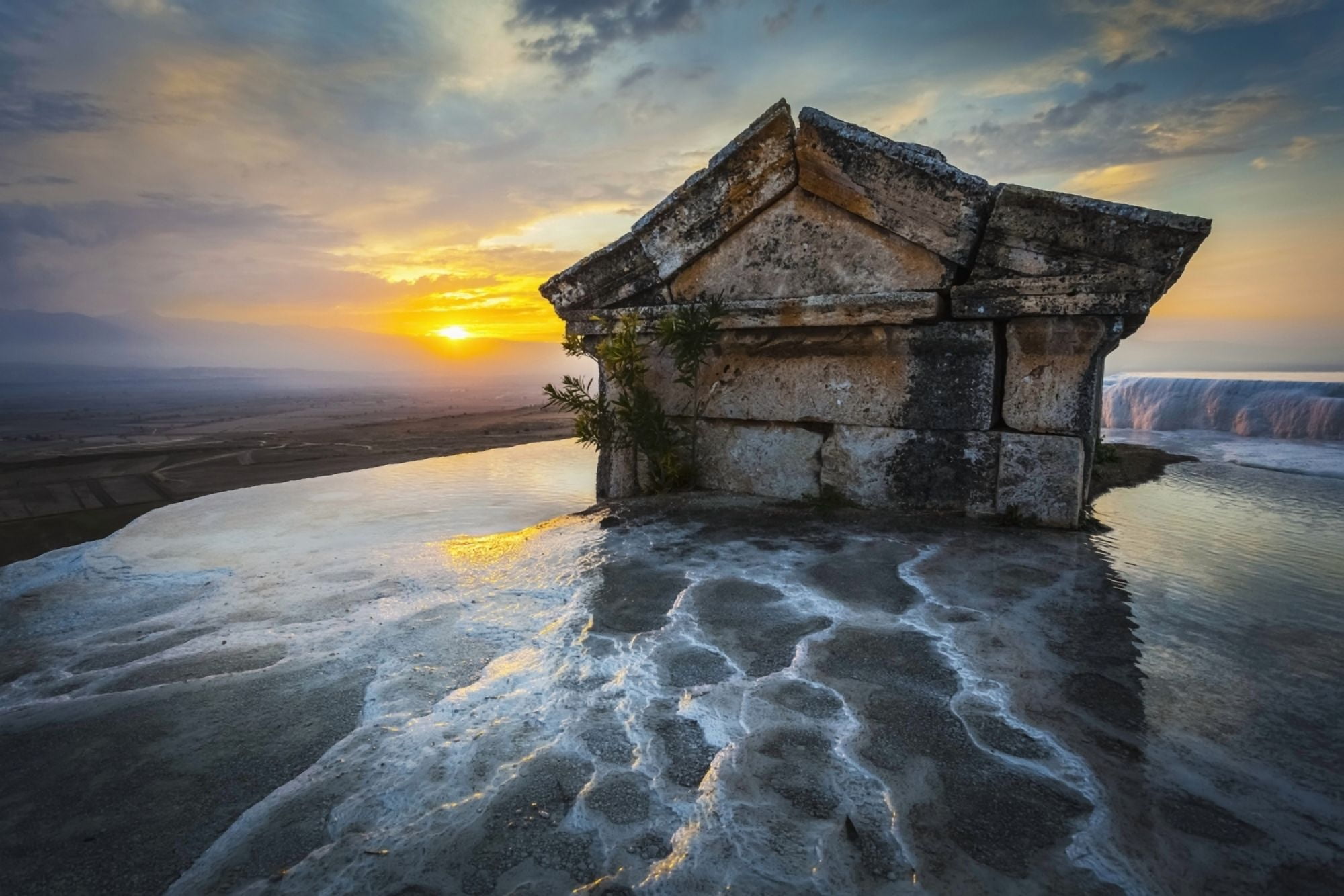 Tomb submerged in a travertine pool in Hierapolis at sunset Pamukkale Turkey Canvas Art - Reynold Mainse Design Pics (19 x 12)