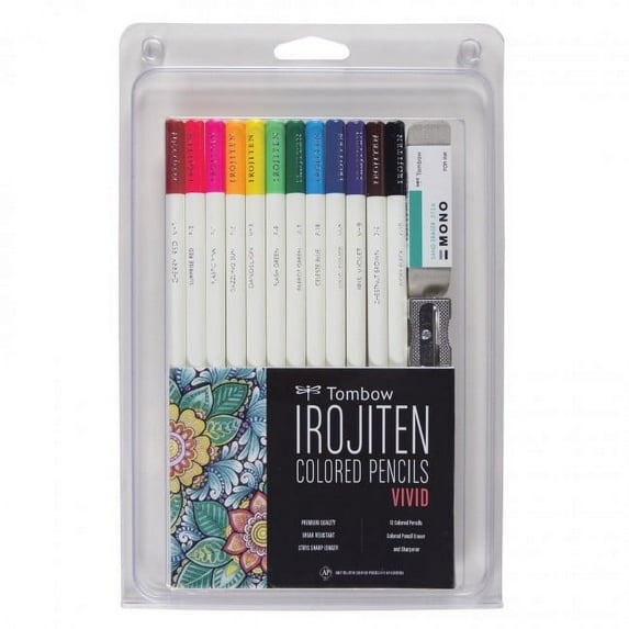 Tombow 51528 Irojiten Colored Pencil Set, Vivid. Includes 12 Premium Colored Pencils, Sharpener, and Colored Pencil Eraser
