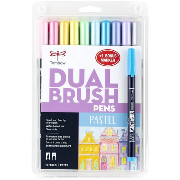 Tombow 72458 Dual Brush Pen Art Markers, Pastel, 10-Pack + Free Fudenosuke Brush Pen