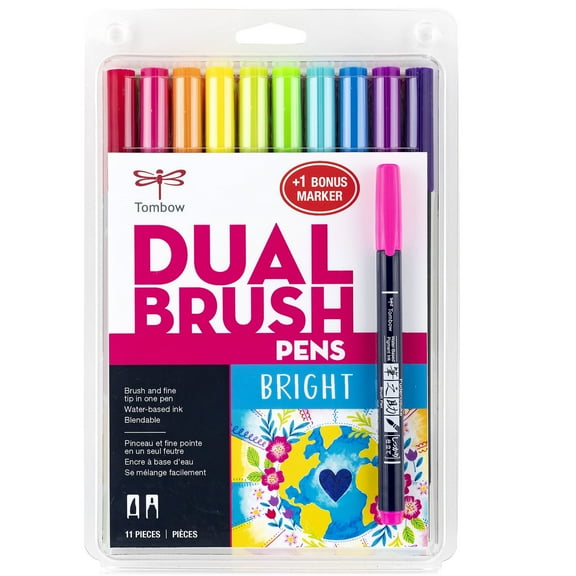 Tombow 72459 Dual Brush Pen Art Markers, Bright, 10-Pack + Free Fudenosuke Brush Pen