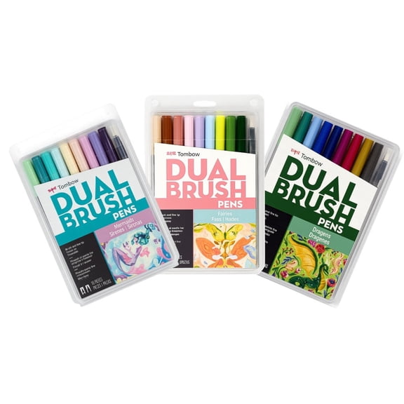 Tombow  Dual Brush Pen 3 Pack Set- Mermaids, Fairies, & Dragons - 30 Piece - Includes Blending Pens - Art Marker