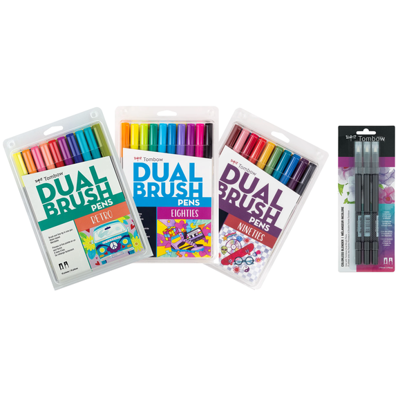 Tombow Dual Brush Pen Set - Eras Bundle - Retro, Eighties, & Nineties - 30 Colors - Art Marker - Includes 3-pack of Colorless Blender Pens