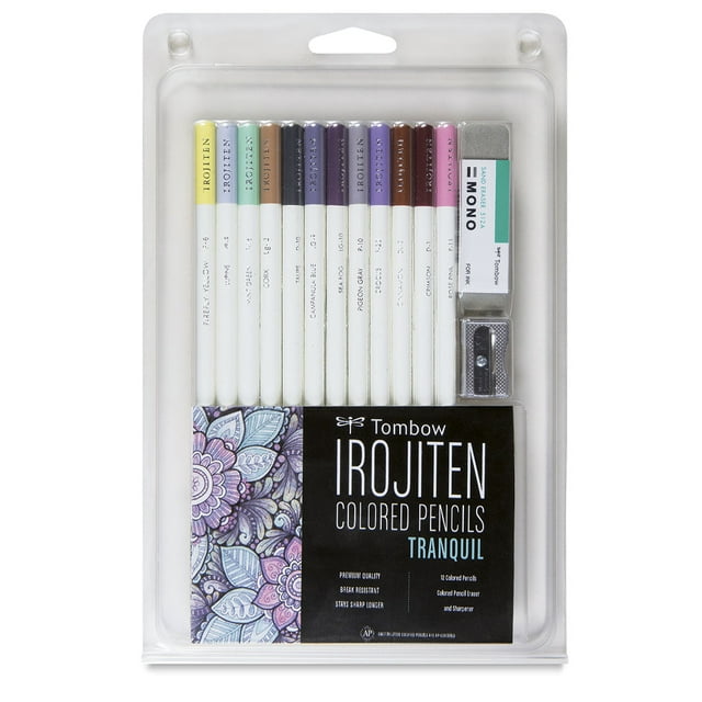 Tombow Irojiten Colored Pencil Set, Tranquil. Includes 12 Premium Colored Pencils, Sharpener, and Eraser