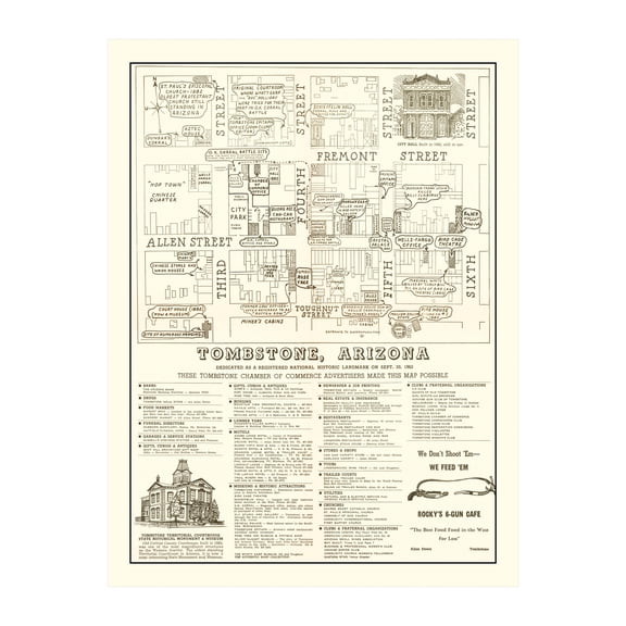 Tombstone Art, 1962 Vintage Map of Tombstone Arizona, AZ History Wall Decor Gift, Old Tombstone Map - 18" x 24" Unframed Print