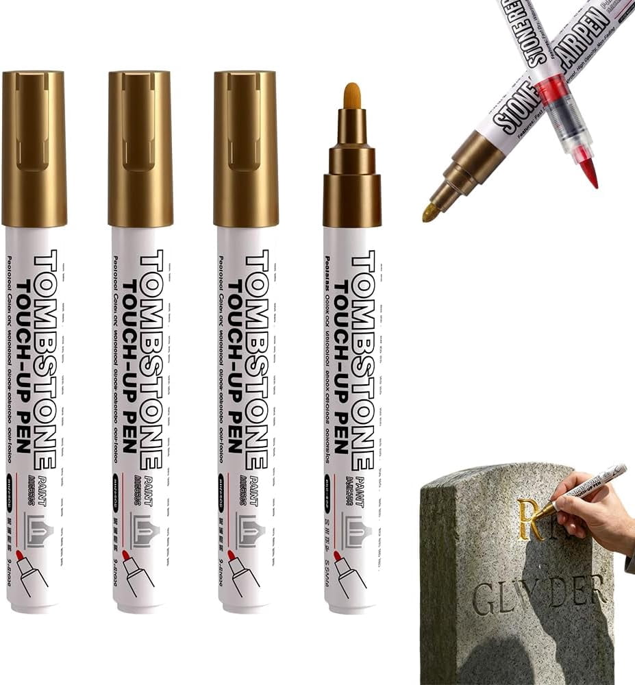 Tombstone Marker Pen For Restoring Faded Grave Inscriptions,4 Pack Waterproof Permanent Oil Based Paint Marker Pens- Metallic, Quick Drying Marker for Metal, Rock, Wood, Plastic, Glass, Rubber