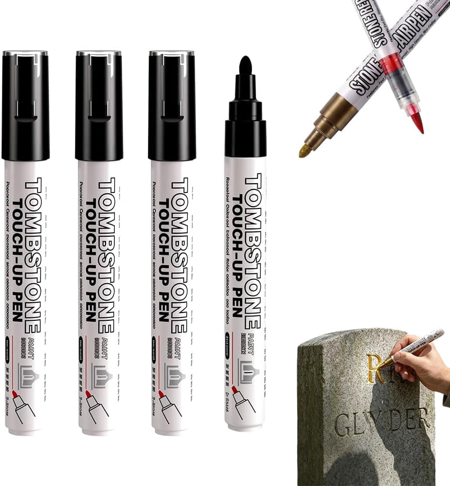 Tombstone Marker Pen For Restoring Faded Grave Inscriptions,4 Pack Waterproof Permanent Oil Based Paint Marker Pens- Metallic, Quick Drying Marker for Metal, Rock, Wood, Plastic, Glass, Rubber