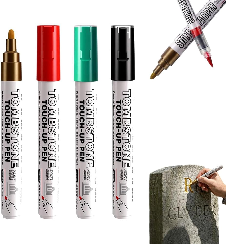 Tombstone Marker Pen For Restoring Faded Grave Inscriptions,4 Pack Waterproof Permanent Oil Based Paint Marker Pens- Metallic, Quick Drying Marker for Metal, Rock, Wood, Plastic, Glass, Rubber