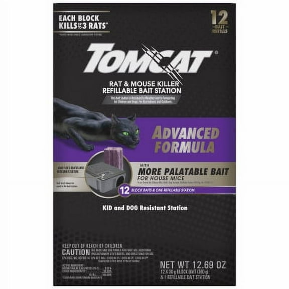 Tomcat 12 Pack Advanced Formula Tier 1 Refillable Rat Bait Station., Each