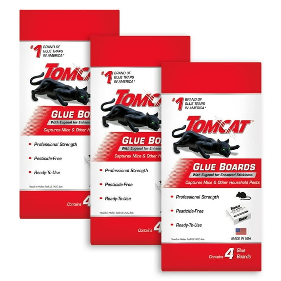 Tomcat Glue Boards with Immediate Grip Glue for Mice, Cockroaches, and Insects, Ready-to-Use, 3-Pack 12 Glue Boards
