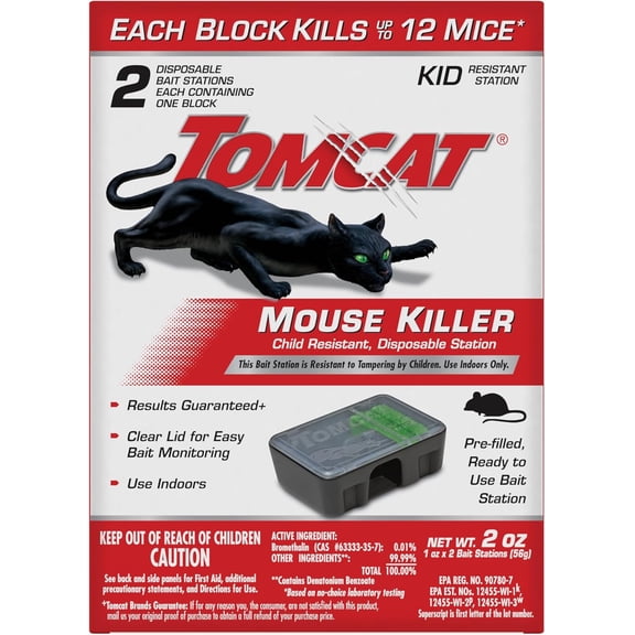 Tomcat Mouse Killer Child Resistant, Disposable Station, 2 Pre-Filled Ready-To-Use Bait Stations