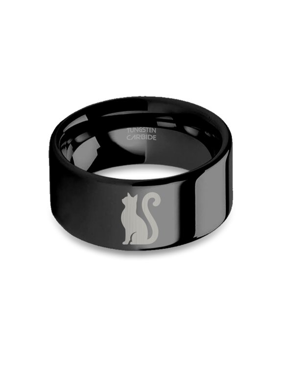 Tomcat Tabby Cat Shadow Engraved Black Tungsten Wedding Band, 10mm, Size 9
