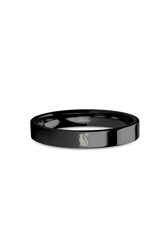 Tomcat Tabby Cat Shadow Engraved Black Tungsten Wedding Band, 4mm, Size 10
