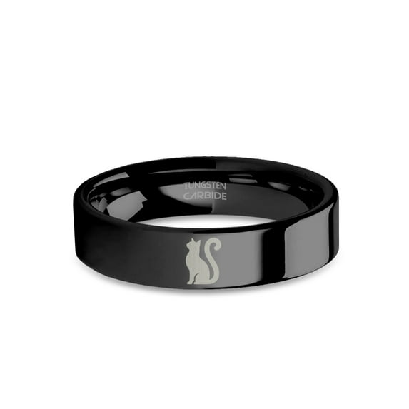 Tomcat Tabby Cat Shadow Engraved Black Tungsten Wedding Band, 6mm, Size 13