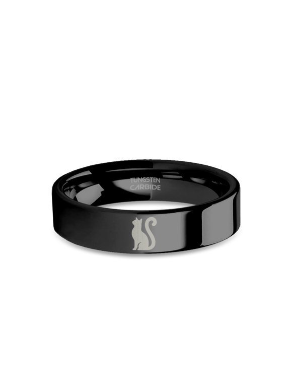 Tomcat Tabby Cat Shadow Engraved Black Tungsten Wedding Band, 6mm, Size 14