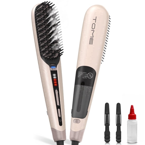 Tome 3 in 1 Steam Hair Straightener Brush,Ionic Straightening Comb with 3 Heat Settings,Anti-Scald Design for Frizzy & Curly Hair,Pink