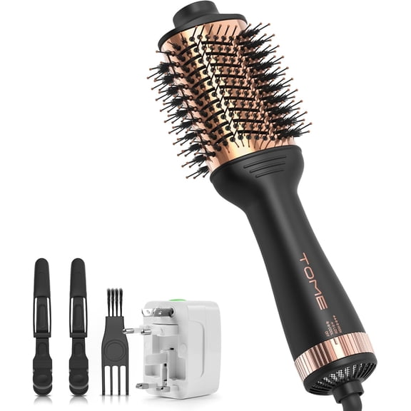 Tome 3 inch Blow Dryer Brush 1200W,4 in 1 Hair Dryer brush Hot Air Volumizer & Straightener Dual Voltage Anti-Frizz,Black