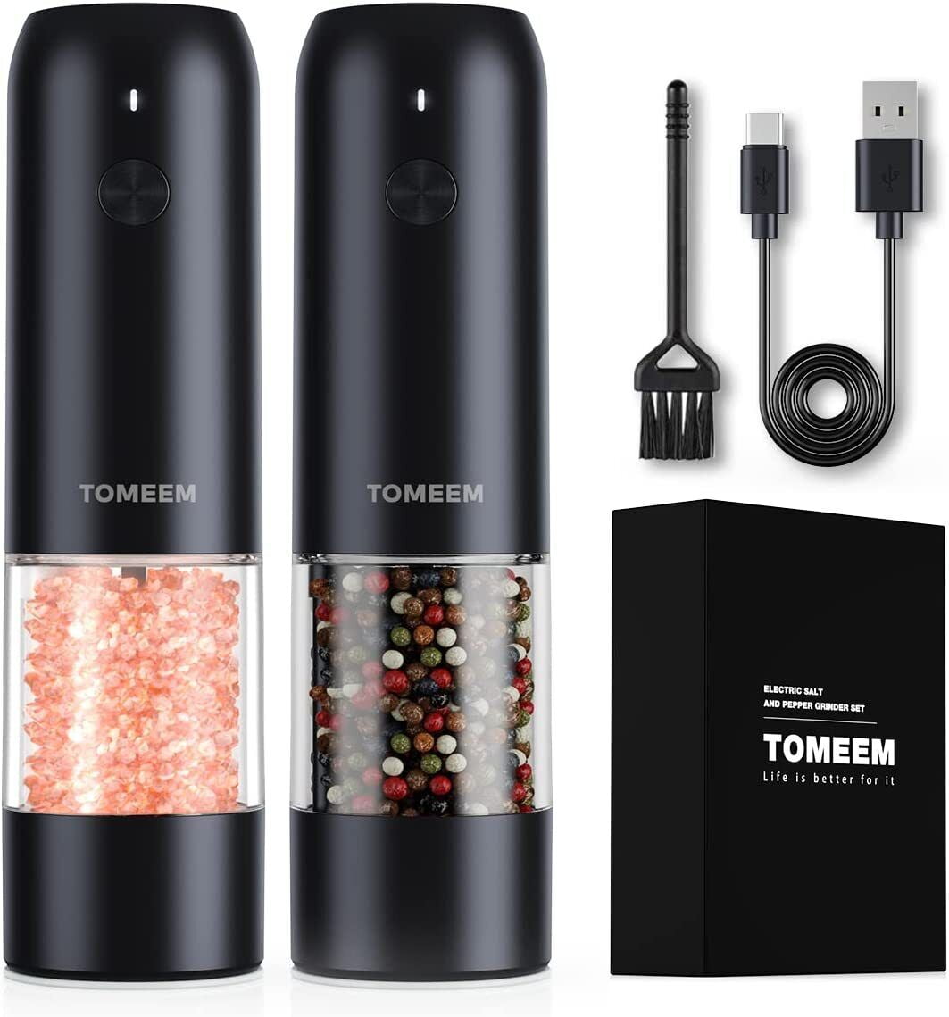 Tomeem Electric Salt and Pepper Grinder Set with LED Light & USB