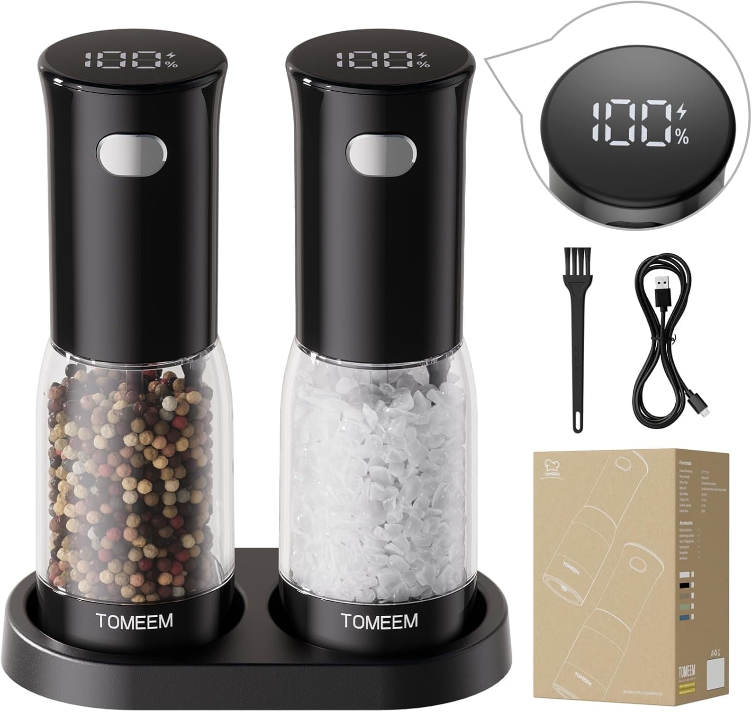 Tomeem Electric Salt and Pepper Grinder Set with LED Power Indicator, Type-C Rechargeable,  5 Adjustable Coarseness, 2 Pack