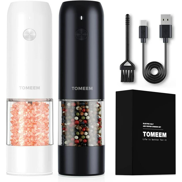 Tomeem Electric Salt and Pepper Grinder Sets One Hand Operation USB  Rechargeable Adjustable Coarseness & LED Light Refillable 