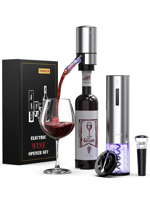 Tomeem Electric Wine Opener Set with Rechargeable Wine Opener, Foil Cutter , Automatic Wine Pourer and Aerator Vacuum Stoppers 4-in-1 Gift Set