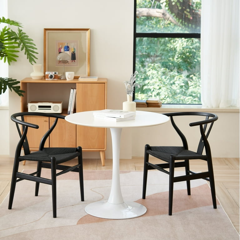 Tomile 3 Pieces Round Dining Table Set Solid Wood Dining Table and Armchair White Color Tulip Table 2 Wishbone Chairs