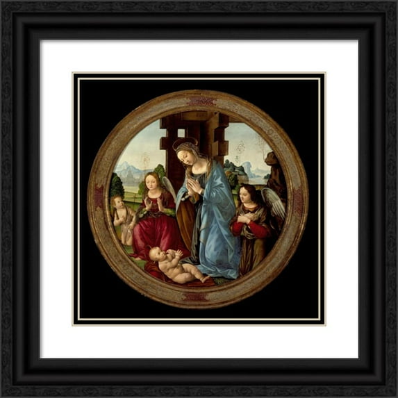 Tommaso 12x12 Black Ornate Wood Framed Double Matted Museum Art Print Titled: Virgin Adoring the Christ Child with St. John the Baptist and Two Angels (circa 1500-1520)