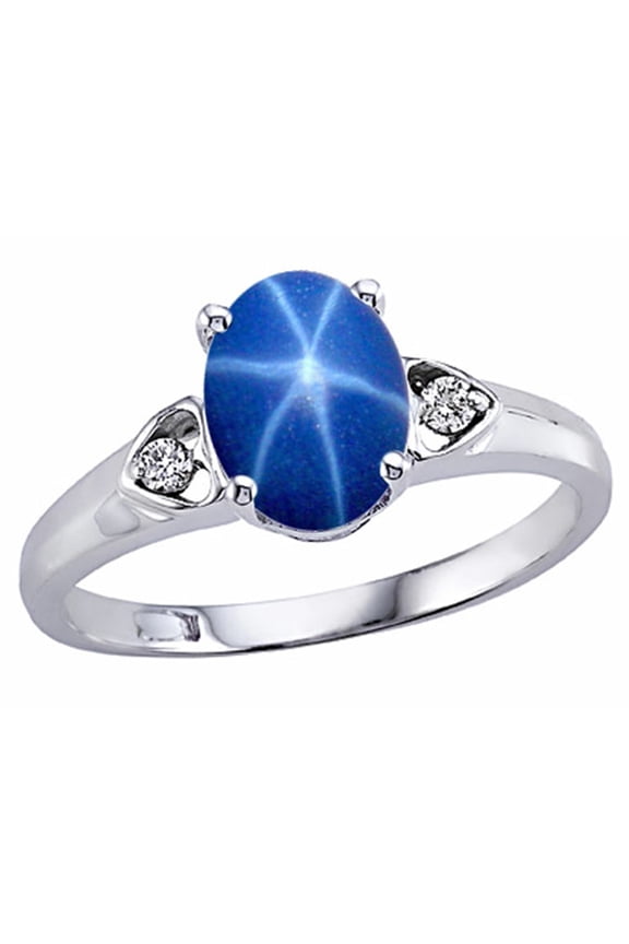 Created Star Sapphire and Genuine Diamond Ring in 14 kt White Gold Size 7 Female Adult