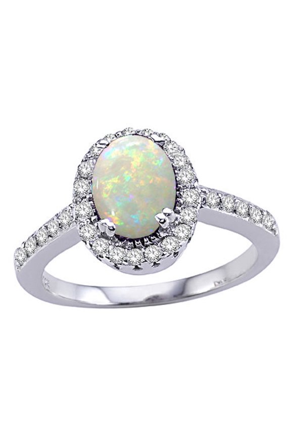 Genuine Opal and Diamond Ring in 14 kt White Gold Size 7 Female Adult