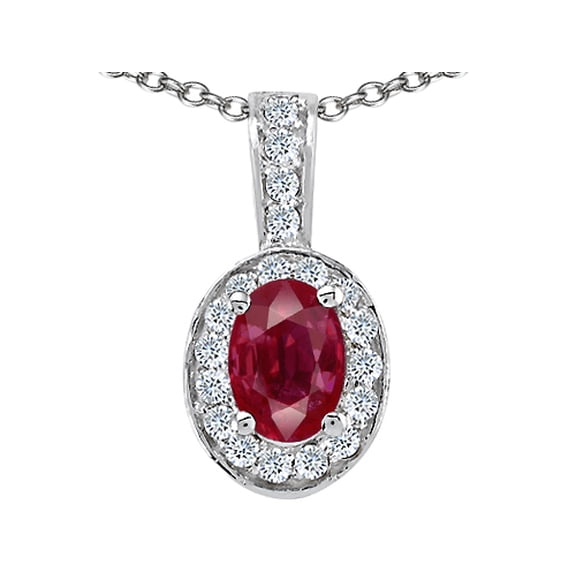 Tommaso Design Genuine Ruby and Diamond Oval Pendant Necklace in 14 kt White Gold Female Adult